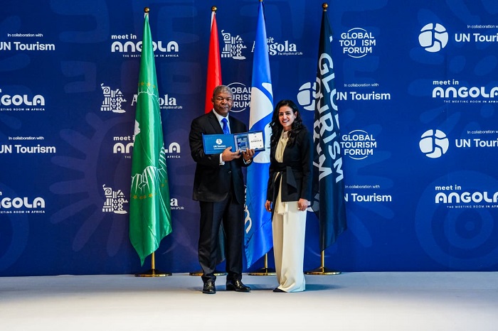Presidente da Rep&uacute;blica, Jo&atilde;o Louren&ccedil;o, e a secret&aacute;ria geral da ONU Turismo, Shaikha Al Nowais