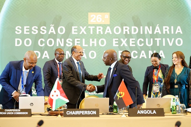 Presidente da Comiss&atilde;o da Uni&atilde;o Africana (UA), Mahmoud Ali Youssouf, na abertura da sess&atilde;o extraordin&aacute;ria do Conselho Executivo da organiza&ccedil;&atilde;o