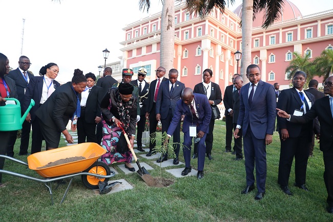 Presidente da Nam&iacute;bia, Netumbo Nandi-Ndaitwah, plantou uma &aacute;rvore da esp&eacute;cie ac&aacute;cia, no Jardim Norte da Assembleia Nacional de Angola